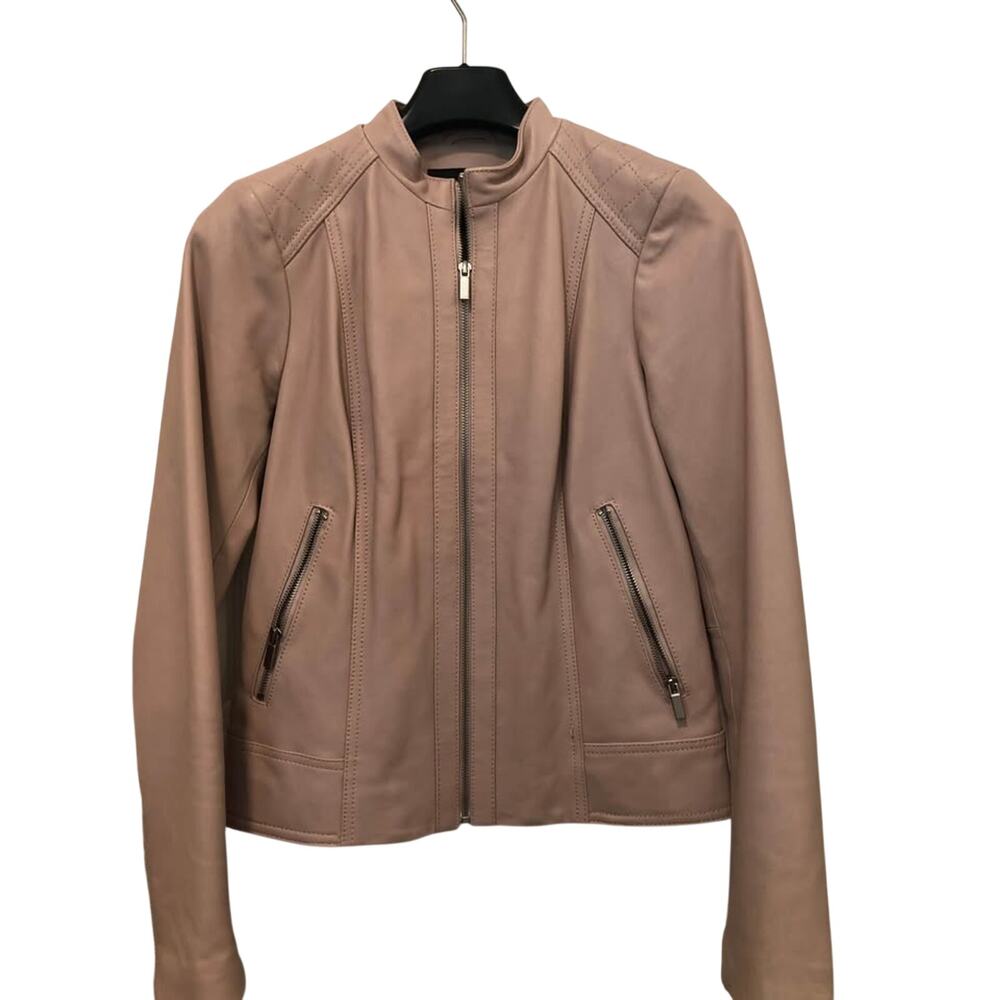 Neiman Marcus Blush Pink Lambskin Leather Moto Jacket  Small